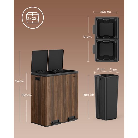 SONGMICS Mülleimer, 2 x 30 Liter, 2 Fächer, Mülltrennsystem, Treteimer, Abfalleimer Küche, 15 Müllsäcke, Metall, Inneneimer aus Kunststoff, Klappdeckel, Softclose, dunkelwalnussfarben LTB060N02