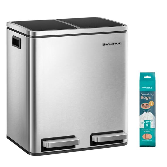 SONGMICS Mülleimer Küche, 2 x 15 Liter, Mülltrennsystem 2 Fächer, inklusive 15 Müllbeutel, Abfalleimer, Treteimer, recycelbare Abfälle, Biomüll, Softclose-Deckel, metallicsilber-tintenschwarz LTB30H