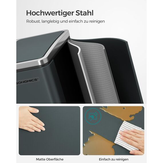 SONGMICS Mülleimer Küche, 2 x 15 Liter, Mülltrennsystem 2 Fächer, inklusive 15 Müllbeutel, Abfalleimer, Treteimer, recycelbare Abfälle, Biomüll, Softclose-Deckel, grüngrau LTB30GS