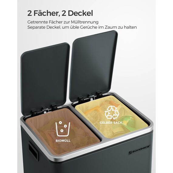 SONGMICS Mülleimer Küche, 2 x 15 Liter, Mülltrennsystem 2 Fächer, inklusive 15 Müllbeutel, Abfalleimer, Treteimer, recycelbare Abfälle, Biomüll, Softclose-Deckel, grüngrau LTB30GS