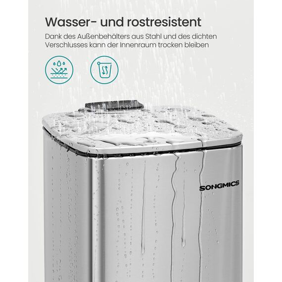 SONGMICS Kosmetikeimer, 8 Liter, Mülleimer Bad, kleiner Abfalleimer, Tretmülleimer, mit Pedal, für kleine Räume, mit Deckel, Softclose, Stahl, metallicsilber LTB591E02