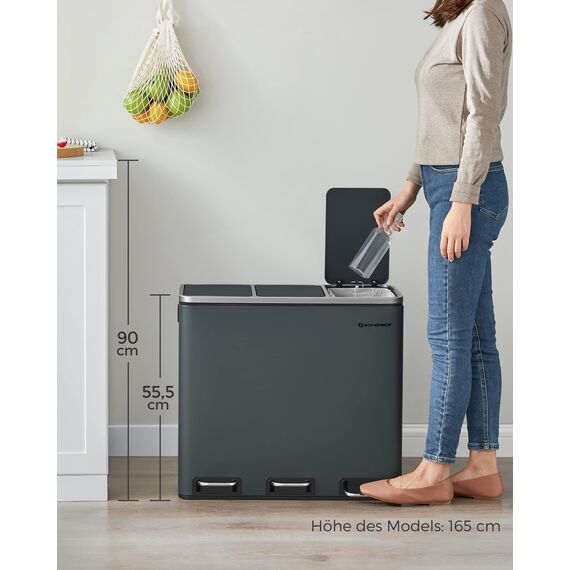 SONGMICS Mülleimer Küche, 3 x 18 L, Mülltrennsystem 3 Fächer, inklusive 15 Müllbeutel, Abfalleimer, Treteimer, für recycelbare Abfälle, Biomüll, mit Deckel, grüngrau LTB54GS