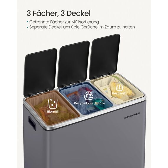 SONGMICS Mülleimer Küche, 3 x 18 L, Mülltrennsystem 3 Fächer, inklusive 15 Müllbeutel, Abfalleimer, Treteimer, für recycelbare Abfälle, Biomüll, mit Deckel, mattgrau LTB054G01