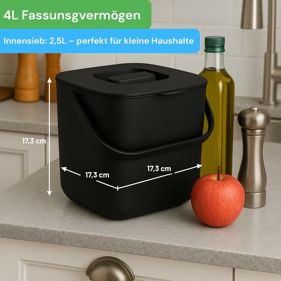 YourCasa Biomülleimer Küche 4L - Komposteimer mit herausnehmbarem Sieb & Deckel - geruchsdicht, spülmaschinenfest & ohne Biomülltüten - Bio Mülleimer klein für saubere Küchen (Schwarz)