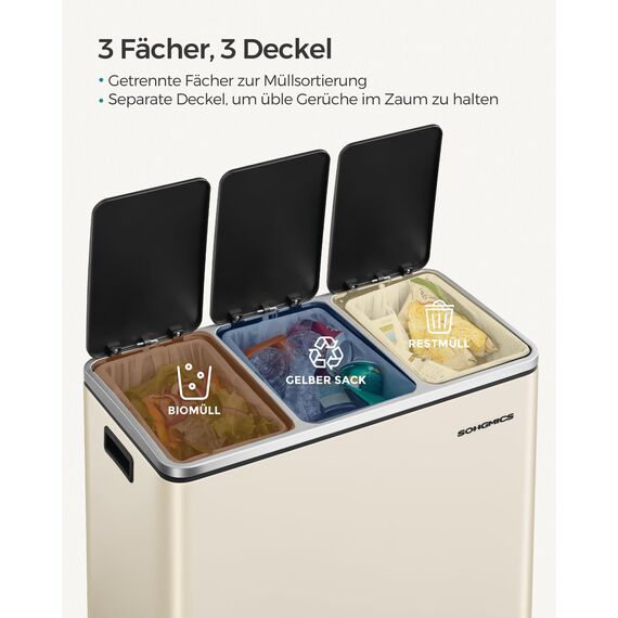 SONGMICS Mülleimer Küche, 3 x 18 L, Mülltrennsystem 3 Fächer, inklusive 15 Müllbeutel, Abfalleimer, Treteimer, für recycelbare Abfälle, Biomüll, mit Deckel, sandbeige LTB054A02