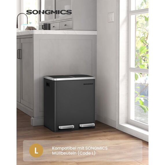 SONGMICS Mülleimer Küche, 2 x 15 Liter, Mülltrennsystem 2 Fächer, inklusive 15 Müllbeutel, Abfalleimer, Treteimer, recycelbare Abfälle, Biomüll, Softclose-Deckel, tintenschwarz LTB30BK