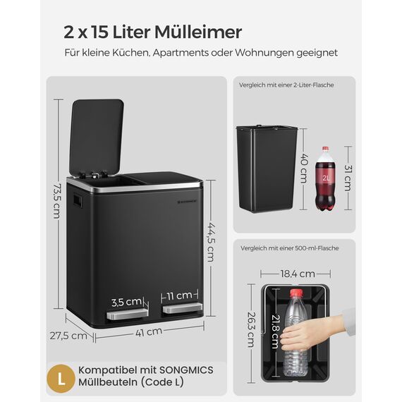 SONGMICS Mülleimer Küche, 2 x 15 Liter, Mülltrennsystem 2 Fächer, inklusive 15 Müllbeutel, Abfalleimer, Treteimer, recycelbare Abfälle, Biomüll, Softclose-Deckel, tintenschwarz LTB30BK