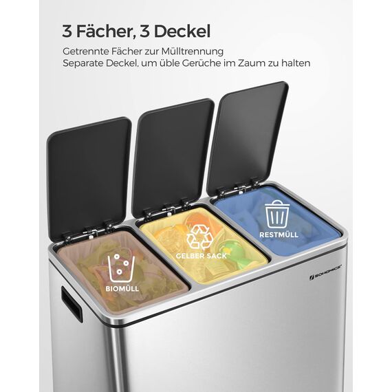 SONGMICS Mülleimer Küche, 3 x 18 L, Mülltrennsystem 3 Fächer, inklusive 15 Müllbeutel, Abfalleimer, Treteimer, für recycelbare Abfälle, Biomüll, mit Deckel, metallicsilber-tintenschwarz LTB54NL