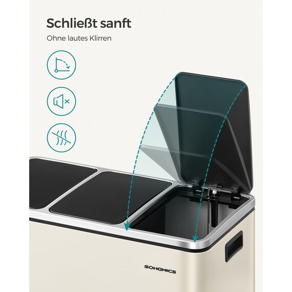 SONGMICS Mülleimer Küche, 3 x 18 L, Mülltrennsystem 3 Fächer, inklusive 15 Müllbeutel, Abfalleimer, Treteimer, für recycelbare Abfälle, Biomüll, mit Deckel, sandbeige LTB054A02