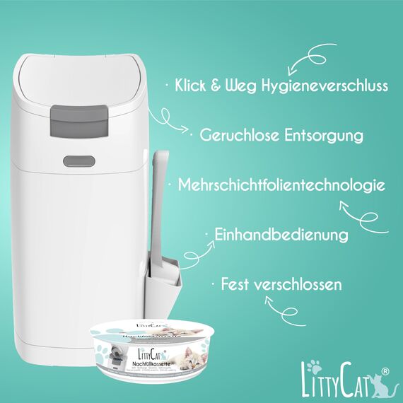 Littycat Katzenstreu Entsorgungseimer mit Schaufel - inkl. Nachfüllkassette - Katzenklo Mülleimer weiß-grau