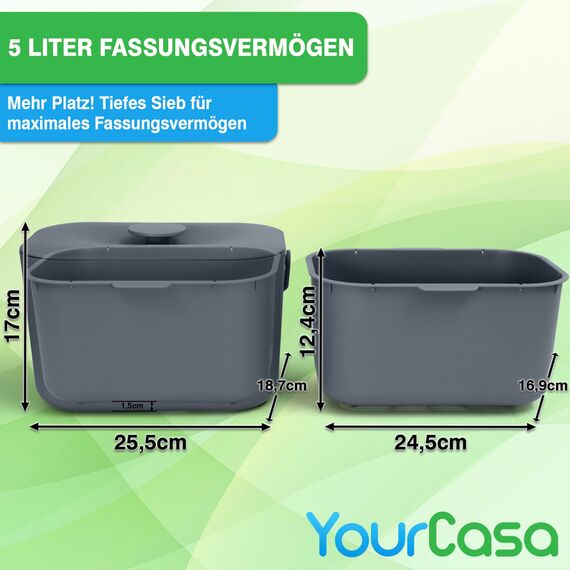 YourCasa Biomülleimer Küche 5L - Komposteimer für alltäglichen Biomüll Behälter - Spülmaschinenfest - Geruchsdicht mit Sieb & ergonomischen Griff - Bio Mülleimer Klein Komposter Bioeimer (Anthrazit)