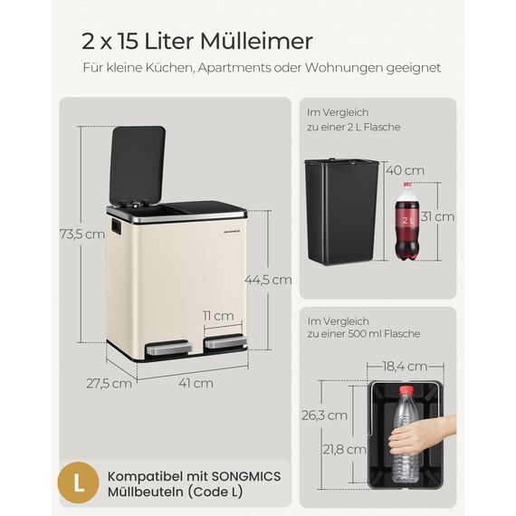 SONGMICS Mülleimer Küche, 2 x 15 Liter, Mülltrennsystem 2 Fächer, inklusive 15 Müllbeutel, Abfalleimer, Treteimer, recycelbare Abfälle, Biomüll, Softclose-Deckel, sandbeige-tintenschwarz LTB30A02