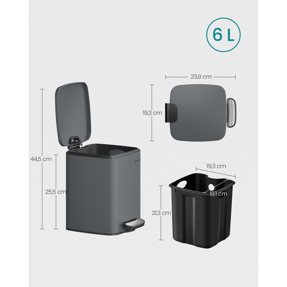 SONGMICS Kosmetikeimer, 6 Liter, Mülleimer Bad, kleiner Abfalleimer, Tretmülleimer, mit Pedal, für kleine Räume, mit Deckel, Softclose, Stahl, schiefergrau LTB590G02