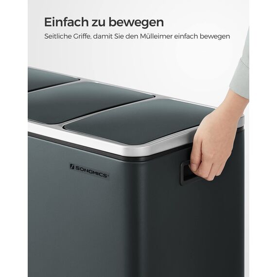 SONGMICS Mülleimer Küche, 3 x 18 L, Mülltrennsystem 3 Fächer, inklusive 15 Müllbeutel, Abfalleimer, Treteimer, für recycelbare Abfälle, Biomüll, mit Deckel, grüngrau LTB54GS