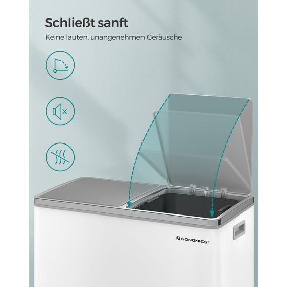 SONGMICS Mülleimer, 2 x 30 Liter, 2 Fächer, Mülltrennsystem, Treteimer, Abfalleimer Küche, 15 Müllsäcke, Metall, Inneneimer aus Kunststoff, Klappdeckel, Softclose, luftdicht, weiß-grau LTB60WT