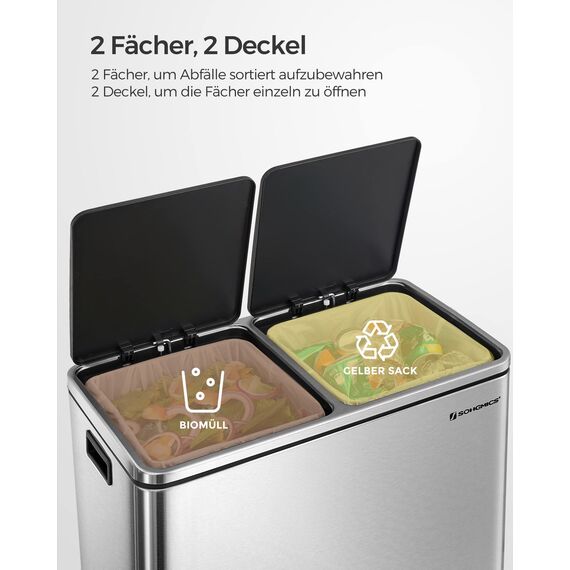 SONGMICS Mülleimer, 2 x 30 Liter, 2 Fächer, Mülltrennsystem, Treteimer, Abfalleimer Küche, 15 Müllsäcke, Metall, Inneneimer aus Kunststoff, Klappdeckel, Softclose, luftdicht, silbern-schwarz LTB60NL