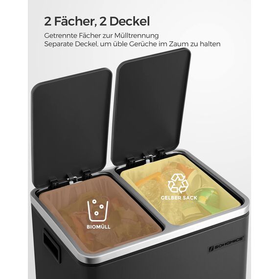 SONGMICS Mülleimer Küche, 2 x 15 Liter, Mülltrennsystem 2 Fächer, inklusive 15 Müllbeutel, Abfalleimer, Treteimer, recycelbare Abfälle, Biomüll, Softclose-Deckel, tintenschwarz LTB30BK