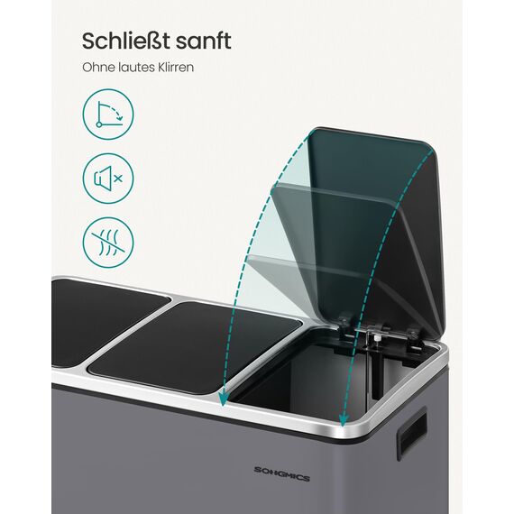 SONGMICS Mülleimer Küche, 3 x 18 L, Mülltrennsystem 3 Fächer, inklusive 15 Müllbeutel, Abfalleimer, Treteimer, für recycelbare Abfälle, Biomüll, mit Deckel, mattgrau LTB054G01