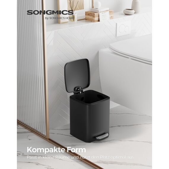 SONGMICS Kosmetikeimer, 6 Liter, Mülleimer Bad, kleiner Abfalleimer, Tretmülleimer, mit Pedal, für kleine Räume, mit Deckel, Softclose, Stahl, schwarz LTB590B0602