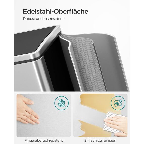 SONGMICS Mülleimer, 2 x 30 Liter, 2 Fächer, Mülltrennsystem, Treteimer, Abfalleimer Küche, 15 Müllsäcke, Metall, Inneneimer aus Kunststoff, Klappdeckel, Softclose, luftdicht, silbern-schwarz LTB60NL