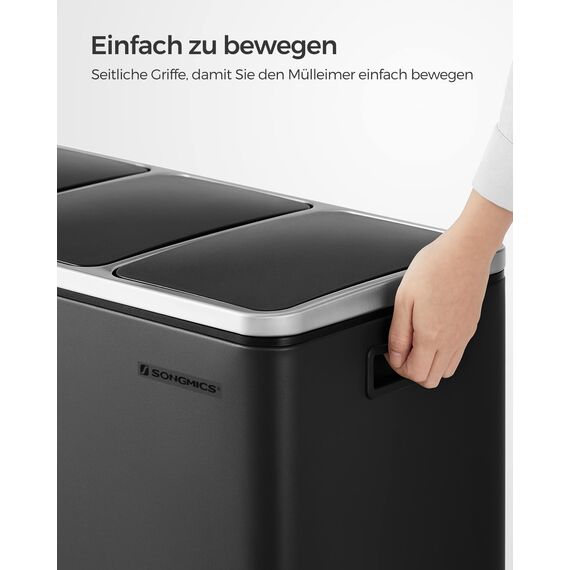 SONGMICS Mülleimer Küche, 3 x 18 L, Mülltrennsystem 3 Fächer, inklusive 15 Müllbeutel, Abfalleimer, Treteimer, für recycelbare Abfälle, Biomüll, mit Deckel, tintenschwarz LTB54BK
