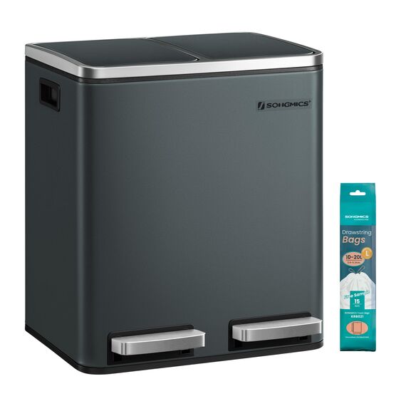 SONGMICS Mülleimer Küche, 2 x 15 Liter, Mülltrennsystem 2 Fächer, inklusive 15 Müllbeutel, Abfalleimer, Treteimer, recycelbare Abfälle, Biomüll, Softclose-Deckel, grüngrau LTB30GS