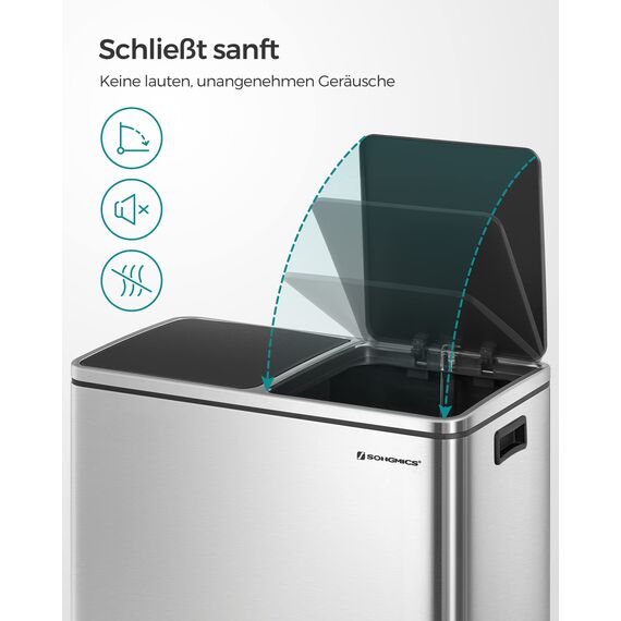SONGMICS Mülleimer, 2 x 30 Liter, 2 Fächer, Mülltrennsystem, Treteimer, Abfalleimer Küche, 15 Müllsäcke, Metall, Inneneimer aus Kunststoff, Klappdeckel, Softclose, luftdicht, silbern-schwarz LTB60NL