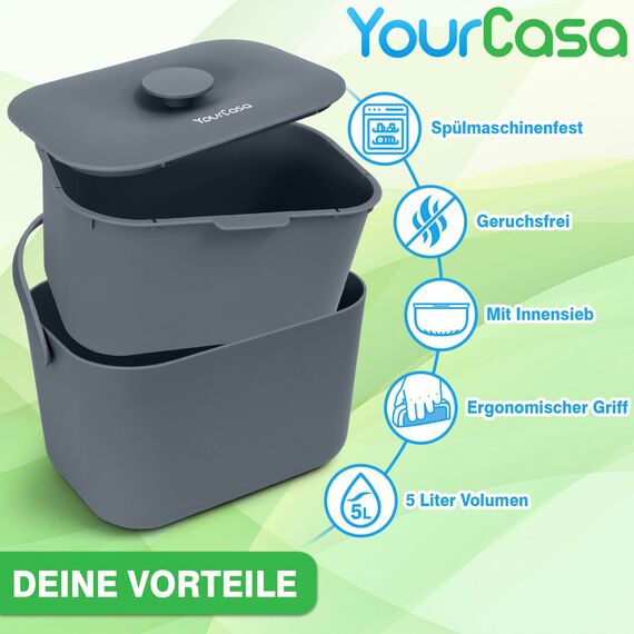 YourCasa Biomülleimer Küche 5L - Komposteimer für alltäglichen Biomüll Behälter - Spülmaschinenfest - Geruchsdicht mit Sieb & ergonomischen Griff - Bio Mülleimer Klein Komposter Bioeimer (Anthrazit)