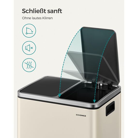 SONGMICS Mülleimer Küche, 2 x 15 Liter, Mülltrennsystem 2 Fächer, inklusive 15 Müllbeutel, Abfalleimer, Treteimer, recycelbare Abfälle, Biomüll, Softclose-Deckel, sandbeige-tintenschwarz LTB30A02