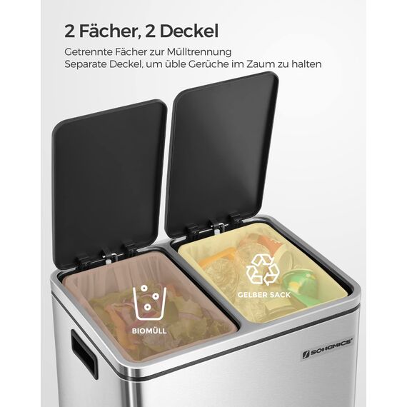 SONGMICS Mülleimer Küche, 2 x 15 Liter, Mülltrennsystem 2 Fächer, inklusive 15 Müllbeutel, Abfalleimer, Treteimer, recycelbare Abfälle, Biomüll, Softclose-Deckel, metallicsilber-tintenschwarz LTB30H