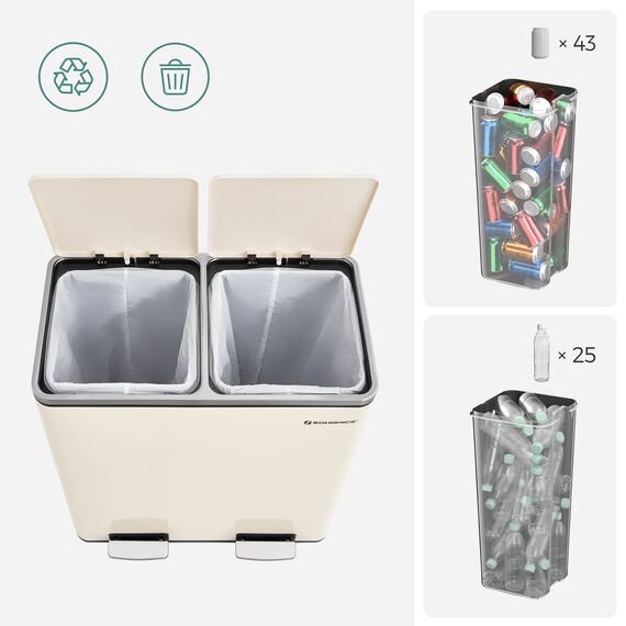 SONGMICS Mülleimer, 2 x 30 Liter, 2 Fächer, Mülltrennsystem, Treteimer, Abfalleimer Küche, 15 Müllsäcke, Metall, Inneneimer aus Kunststoff, Klappdeckel, Softclose, luftdicht, mandelfarben LTB060A01