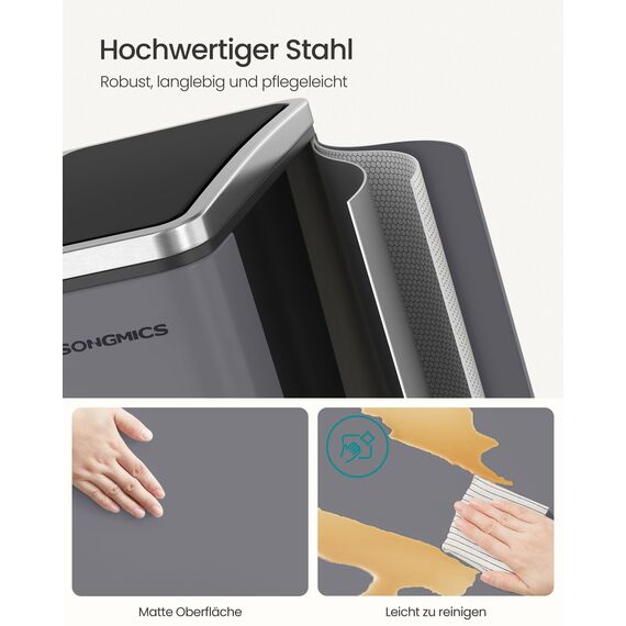 SONGMICS Mülleimer Küche, 3 x 18 L, Mülltrennsystem 3 Fächer, inklusive 15 Müllbeutel, Abfalleimer, Treteimer, für recycelbare Abfälle, Biomüll, mit Deckel, mattgrau LTB054G01