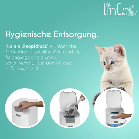 Littycat Katzenstreu Entsorgungseimer mit Schaufel - inkl. Nachfüllkassette - Katzenklo Mülleimer weiß-grau