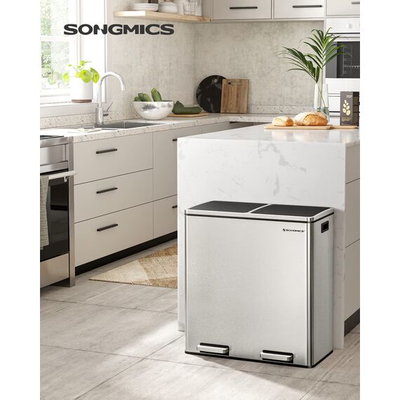 SONGMICS Mülleimer, 2 x 30 Liter, 2 Fächer, Mülltrennsystem, Treteimer, Abfalleimer Küche, 15 Müllsäcke, Metall, Inneneimer aus Kunststoff, Klappdeckel, Softclose, luftdicht, silbern-schwarz LTB60NL