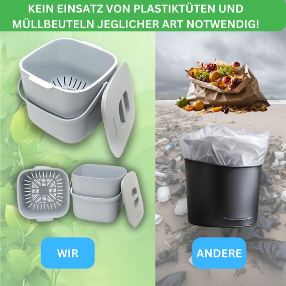 YourCasa Biomülleimer Küche 4L - Komposteimer mit herausnehmbarem Sieb & Deckel - geruchsdicht, spülmaschinenfest & ohne Biomülltüten - Bio Mülleimer klein für saubere Küchen (Grau)