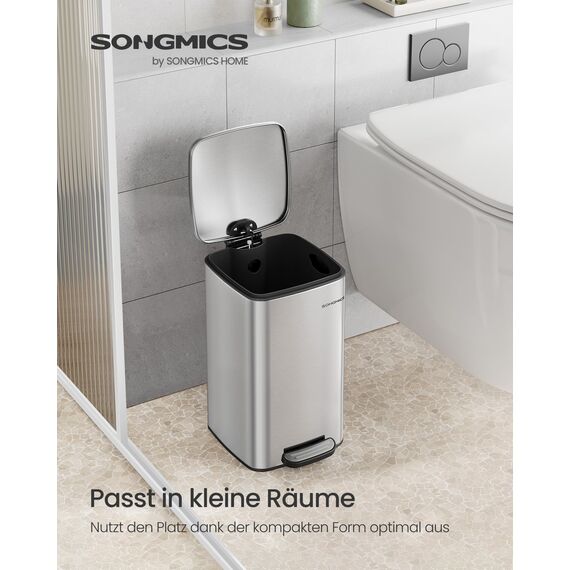 SONGMICS Kosmetikeimer, 8 Liter, Mülleimer Bad, kleiner Abfalleimer, Tretmülleimer, mit Pedal, für kleine Räume, mit Deckel, Softclose, Stahl, metallicsilber LTB591E02