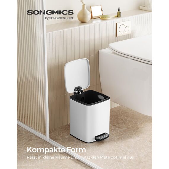 SONGMICS Kosmetikeimer, 6 Liter, Mülleimer Bad, kleiner Abfalleimer, Tretmülleimer, mit Pedal, für kleine Räume, mit Deckel, Softclose, Stahl, weiß LTB590W0602