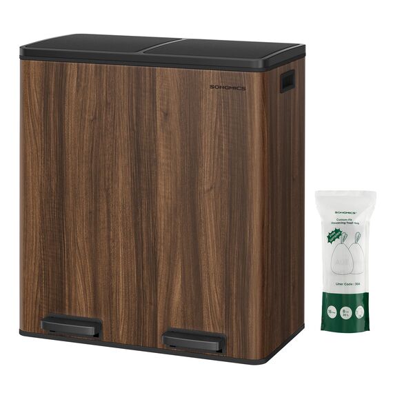 SONGMICS Mülleimer, 2 x 30 Liter, 2 Fächer, Mülltrennsystem, Treteimer, Abfalleimer Küche, 15 Müllsäcke, Metall, Inneneimer aus Kunststoff, Klappdeckel, Softclose, dunkelwalnussfarben LTB060N02