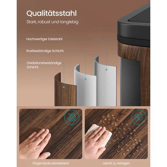 SONGMICS Mülleimer, 2 x 30 Liter, 2 Fächer, Mülltrennsystem, Treteimer, Abfalleimer Küche, 15 Müllsäcke, Metall, Inneneimer aus Kunststoff, Klappdeckel, Softclose, dunkelwalnussfarben LTB060N02