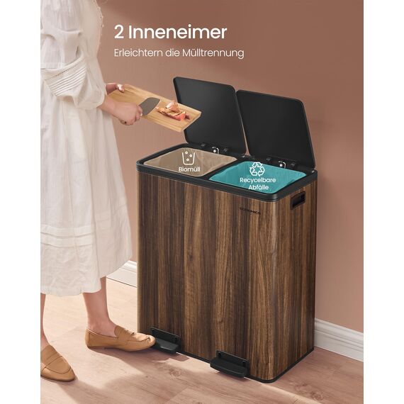 SONGMICS Mülleimer, 2 x 30 Liter, 2 Fächer, Mülltrennsystem, Treteimer, Abfalleimer Küche, 15 Müllsäcke, Metall, Inneneimer aus Kunststoff, Klappdeckel, Softclose, dunkelwalnussfarben LTB060N02