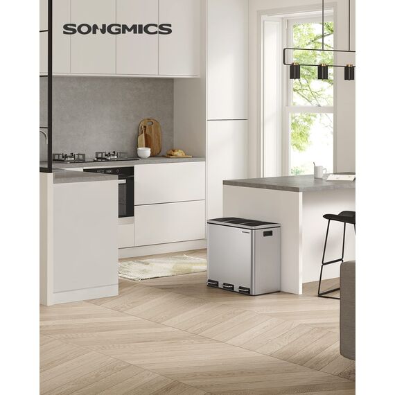 SONGMICS Mülleimer Küche, 3 x 18 L, Mülltrennsystem 3 Fächer, inklusive 15 Müllbeutel, Abfalleimer, Treteimer, für recycelbare Abfälle, Biomüll, mit Deckel, metallicsilber-tintenschwarz LTB54NL