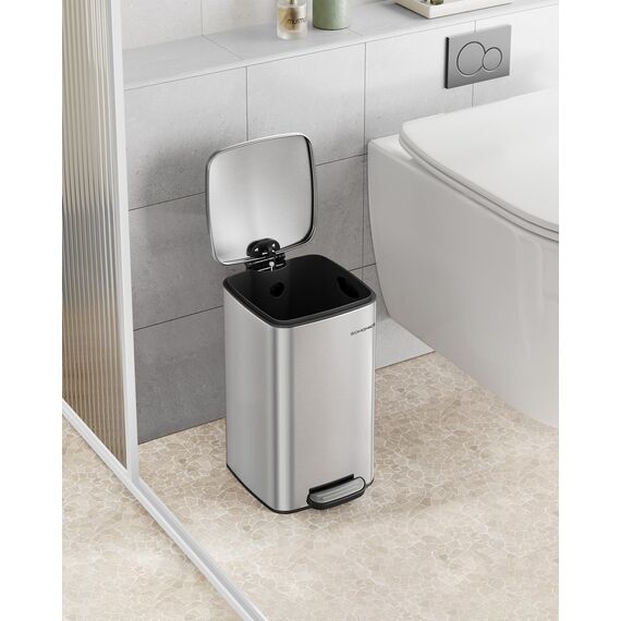 SONGMICS Kosmetikeimer, 8 Liter, Mülleimer Bad, kleiner Abfalleimer, Tretmülleimer, mit Pedal, für kleine Räume, mit Deckel, Softclose, Stahl, metallicsilber LTB591E02