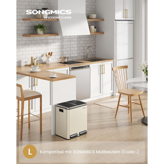SONGMICS Mülleimer Küche, 2 x 15 Liter, Mülltrennsystem 2 Fächer, inklusive 15 Müllbeutel, Abfalleimer, Treteimer, recycelbare Abfälle, Biomüll, Softclose-Deckel, sandbeige-tintenschwarz LTB30A02