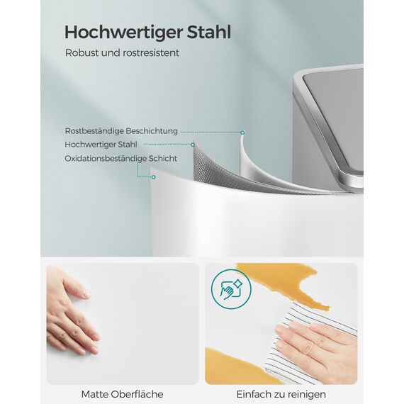 SONGMICS Mülleimer, 2 x 30 Liter, 2 Fächer, Mülltrennsystem, Treteimer, Abfalleimer Küche, 15 Müllsäcke, Metall, Inneneimer aus Kunststoff, Klappdeckel, Softclose, luftdicht, weiß-grau LTB60WT