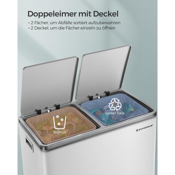 SONGMICS Mülleimer, 2 x 30 Liter, 2 Fächer, Mülltrennsystem, Treteimer, Abfalleimer Küche, 15 Müllsäcke, Metall, Inneneimer aus Kunststoff, Klappdeckel, Softclose, luftdicht, weiß-grau LTB60WT