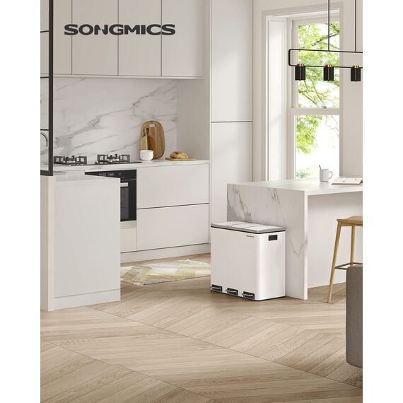 SONGMICS Mülleimer Küche, 3 x 18 L, Mülltrennsystem 3 Fächer, inklusive 15 Müllbeutel, Abfalleimer, Treteimer, für recycelbare Abfälle, Biomüll, mit Deckel, wolkenweiß LTB54WT