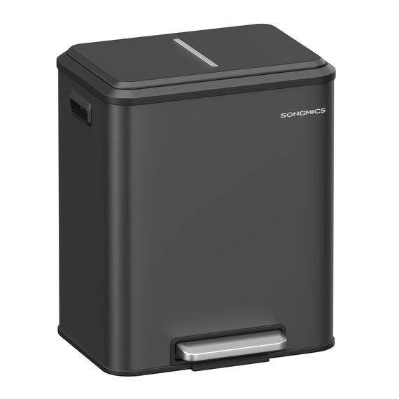 SONGMICS Mülleimer Küche, Mülltrennsystem 2 x 15 L, 2 Fächer für Recycling und Restmüll, Abfalleimer, Inneneimer, Stahl, Softclose-Deckel, breites robustes Pedal, tintenschwarz LTB544B02