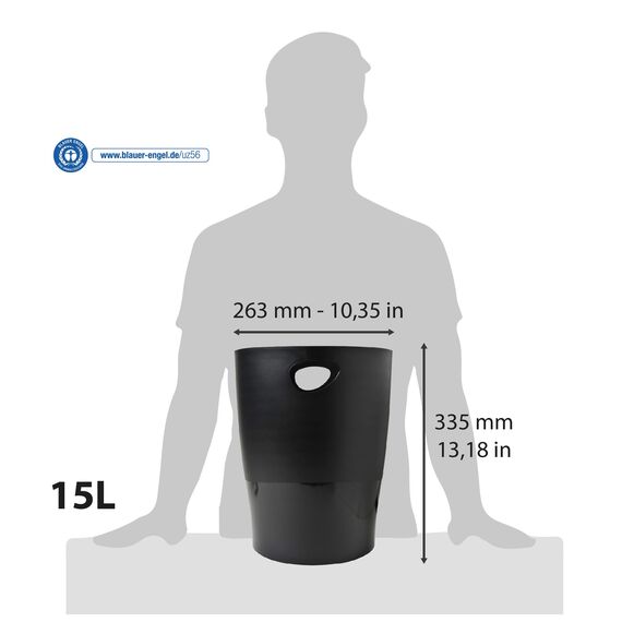 Exacompta 453014D ECOBIN Papierkorb EcoBlack 15 Liter mit Griffen. Eleganter und robuster Papierkorb und Mülleimer im modernen Design schwarz Blauer Engel