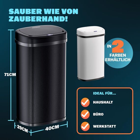 Monzana® Sensor Mülleimer Küche 58 L Automatik mit Bewegungssensor Soft-Close-Deckel Wasserdicht USB-Kabel Smarter Abfalleimer Müllbehälter Schwarz