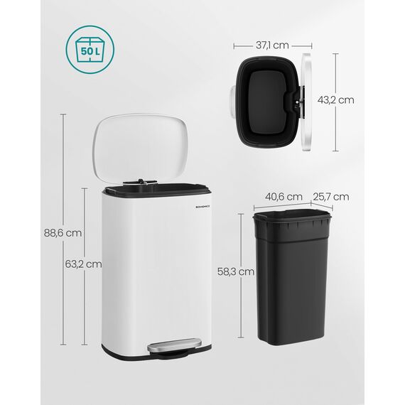 SONGMICS Mülleimer Küche, 50 Liter, Abfalleimer, Treteimer, mit Deckel, Softclose, Fußpedal, Stahl, Inneneimer, weiß LTB101W01